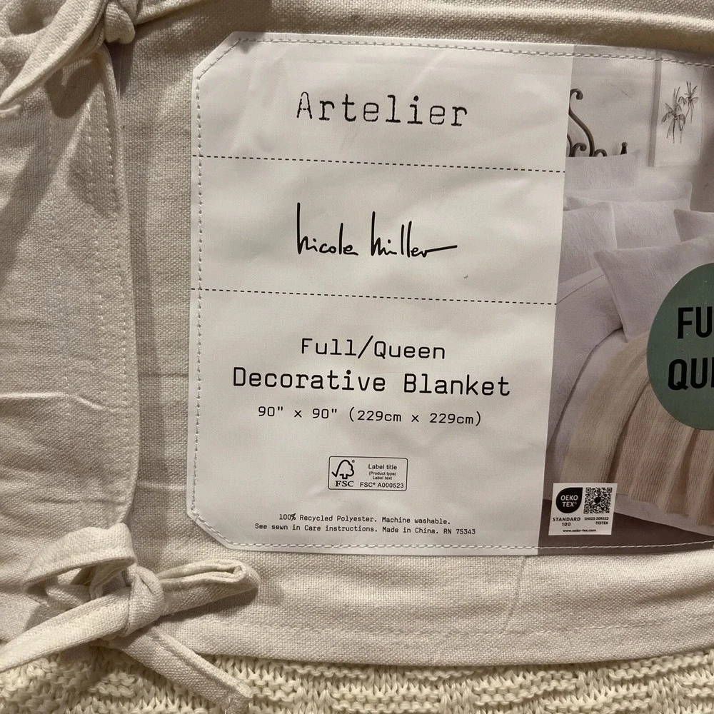 NICOLE MILLER ARTELIER Full/Queen Woven Knit Bed Blanket Color Vanilla Cream NEW